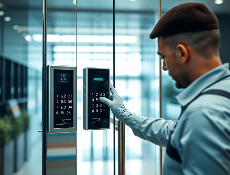 Technician servicing an access control panel at a commercial entrance