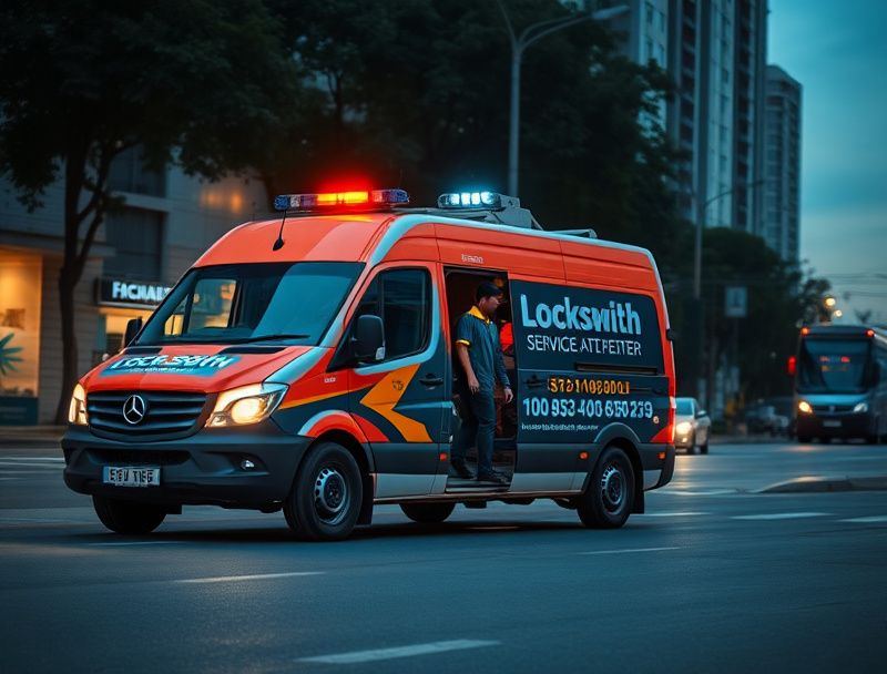 QuickSmith locksmith van responding across Kuala Lumpur at night