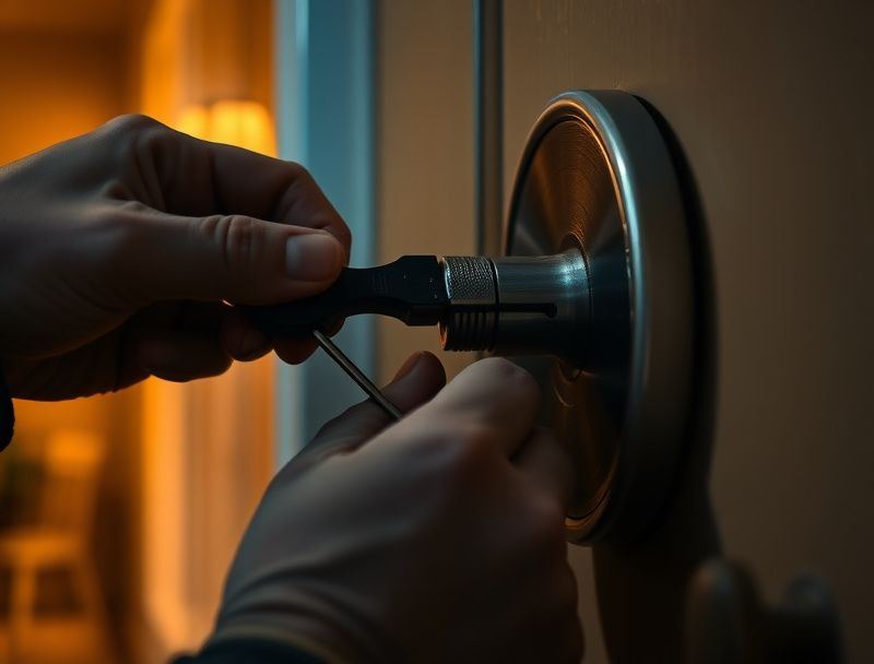 QuickSmith technician performing a non-destructive door entry at night