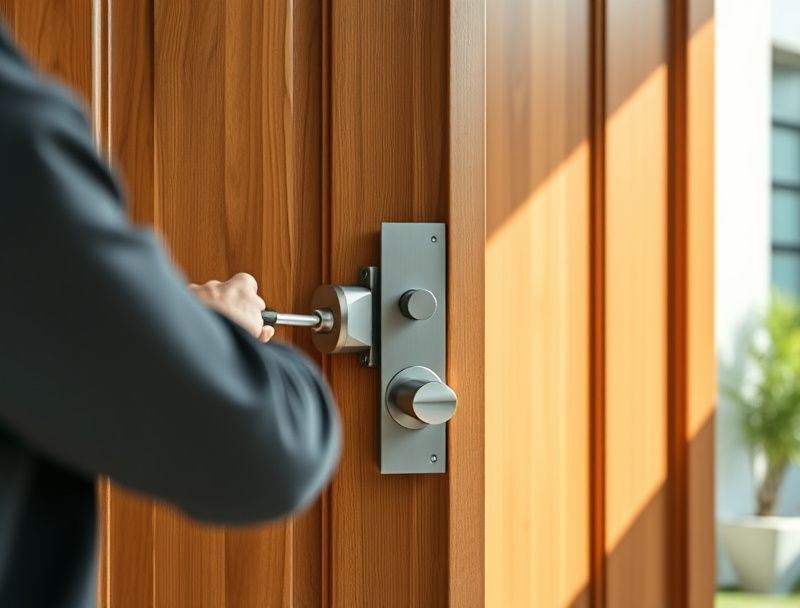 QuickSmith fitting a smart deadbolt on a Malaysian home front door
