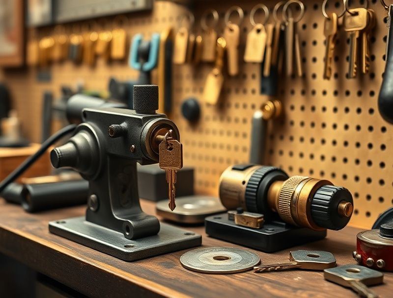 QuickSmith workshop bench with a key-cutting machine and blanks